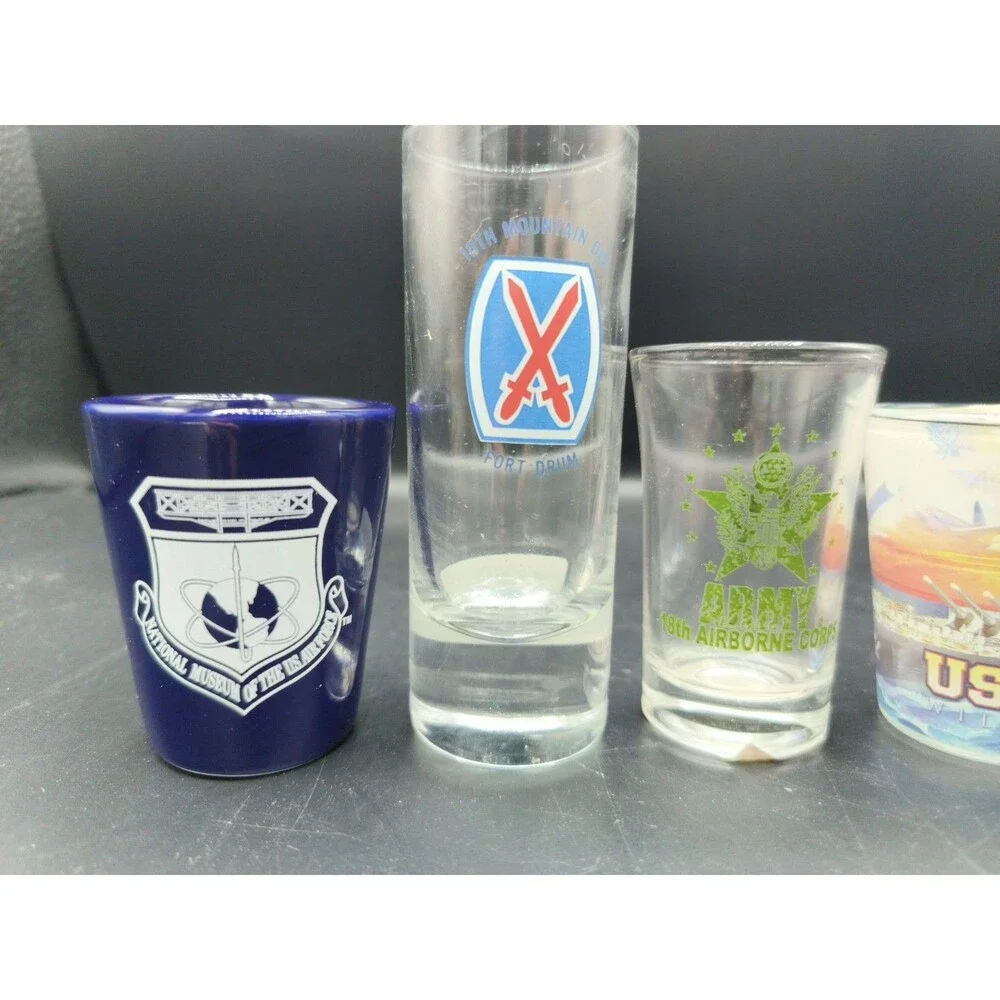 Lot of 5 Military Shot Glasses Navy USS Battleship Airborne Air Force Fort Drum